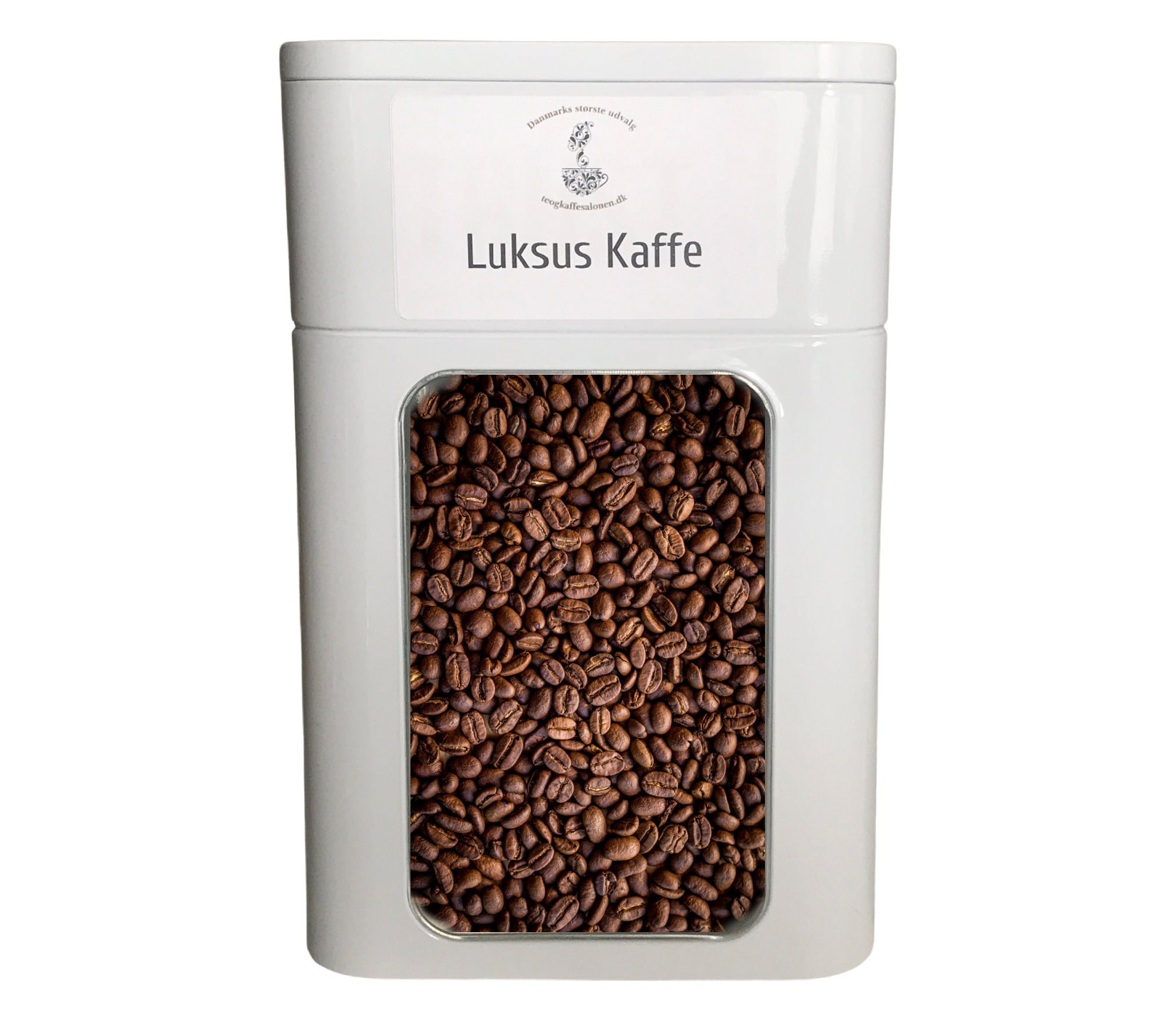 Se Dåse inkl 1 kg gourmet kaffebønner (hvid metal med vindue) hos Teogkaffesalonen.dk