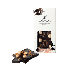 M�rk pladechokolade med n�dder og orangestykker