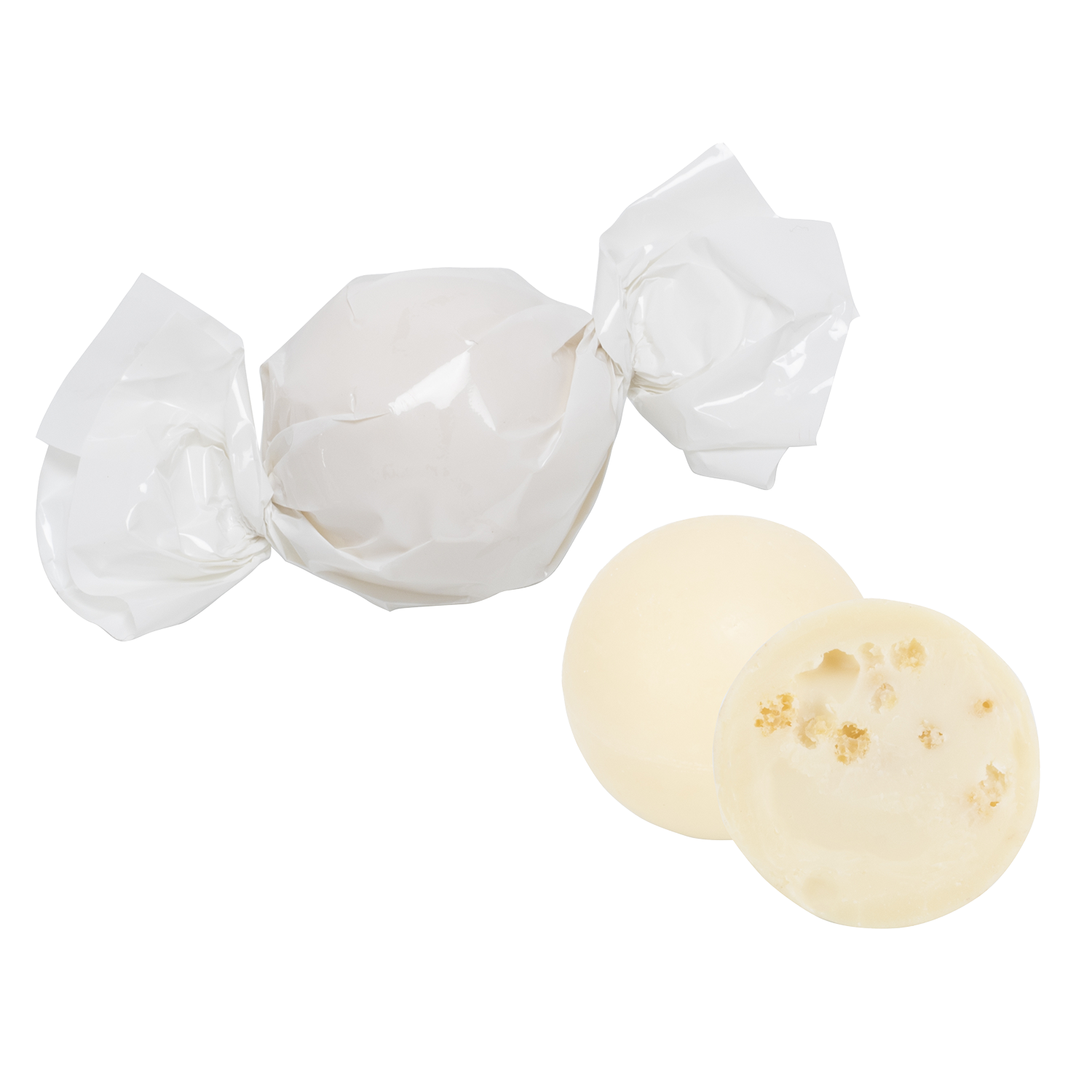 Hvidchokolade kugler m. knas, hvid folie 100g 
