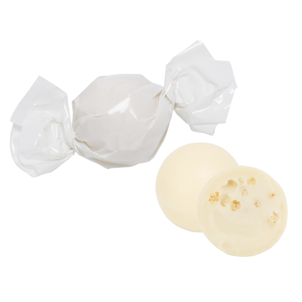 Hvidchokolade kugler m. knas, hvid folie 100g 