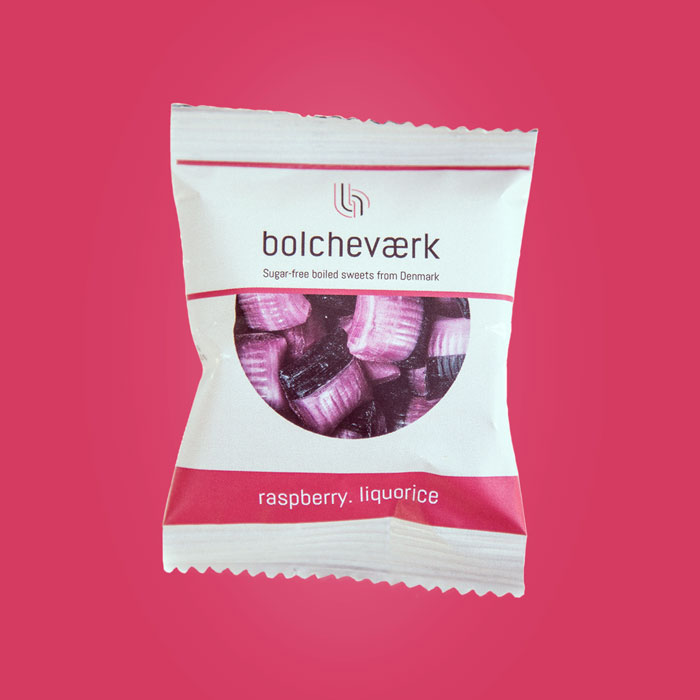 Flowpack Bolcheværk, Sukkerfri - Hindbær, lakrids, 12 g