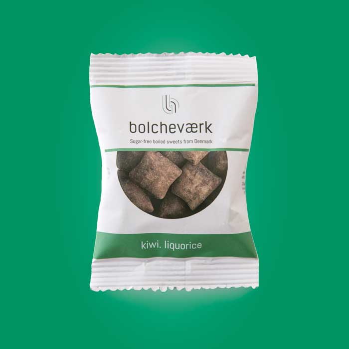 Flowpack Bolcheværk, Sukkerfri - Kiwi, lakrids, 12 g